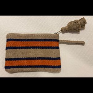 J.Jill Clutch Woven Jute Wristlet Purse Tan/Navy/Orange stripes with handle.